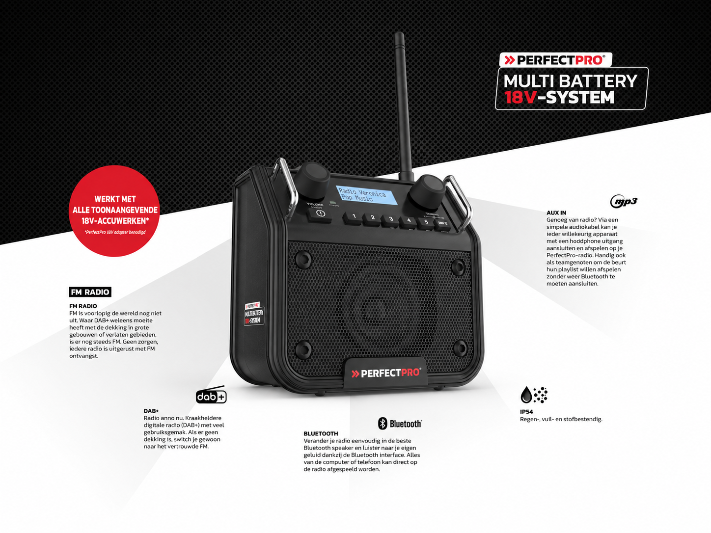 PerfectPro DMS-18V Multi Battery bouwradio met DAB+, FM, Bluetooth, AUX en IP54