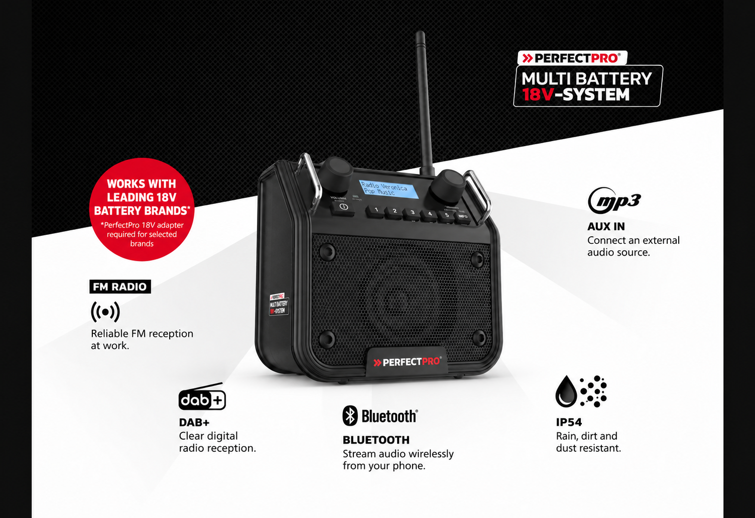 PerfectPro DMS-18V features: Multi Battery, FM, DAB+, Bluetooth, AUX-in and IP54