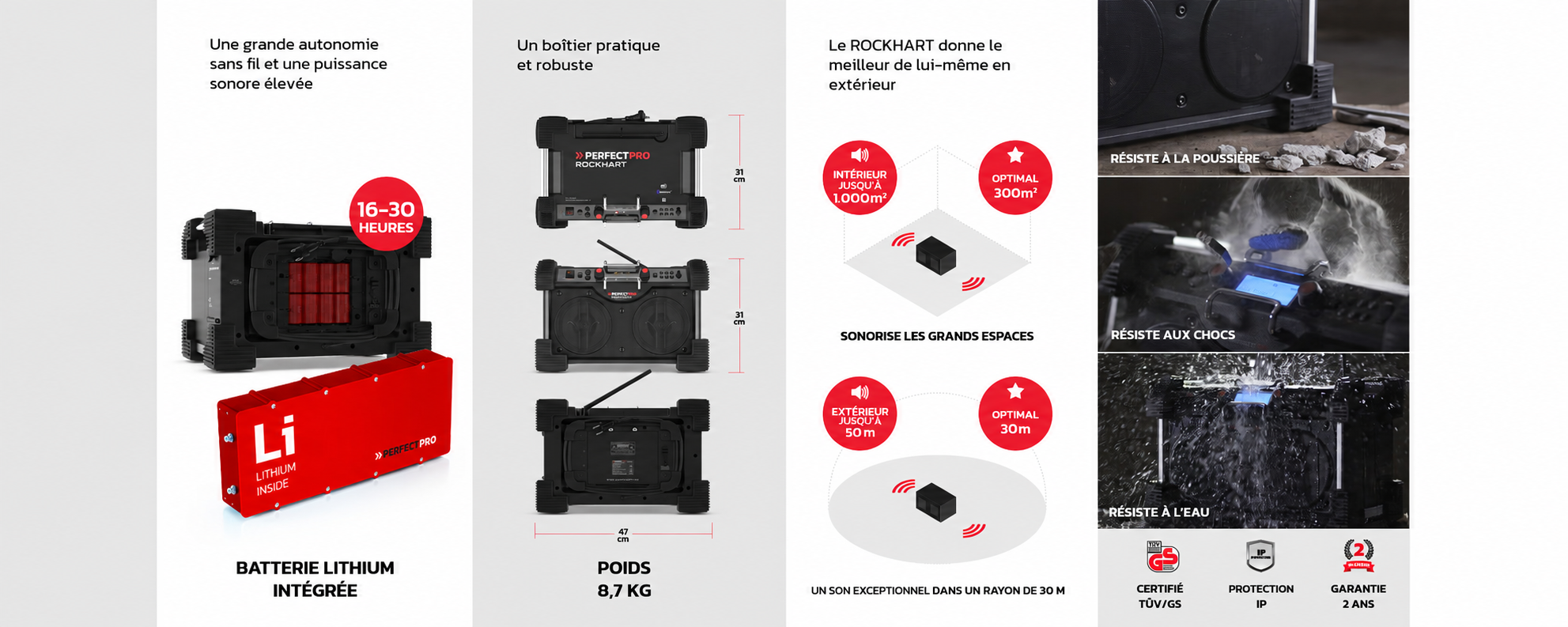 ROCKHART – autonomie, dimensions et robustesse FR ROCKHART : batterie lithium intégrée, poids 8,7 kg, dimensions 47 × 31 × 31 cm et résistance à la poussière, aux chocs et à l’eau.